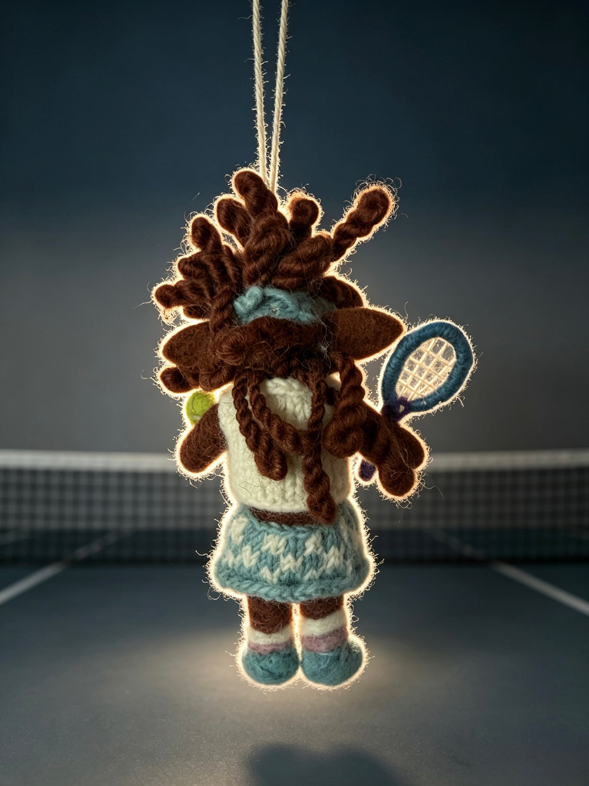 Handmade knitted tennis girl hanging decoration on a tennis court