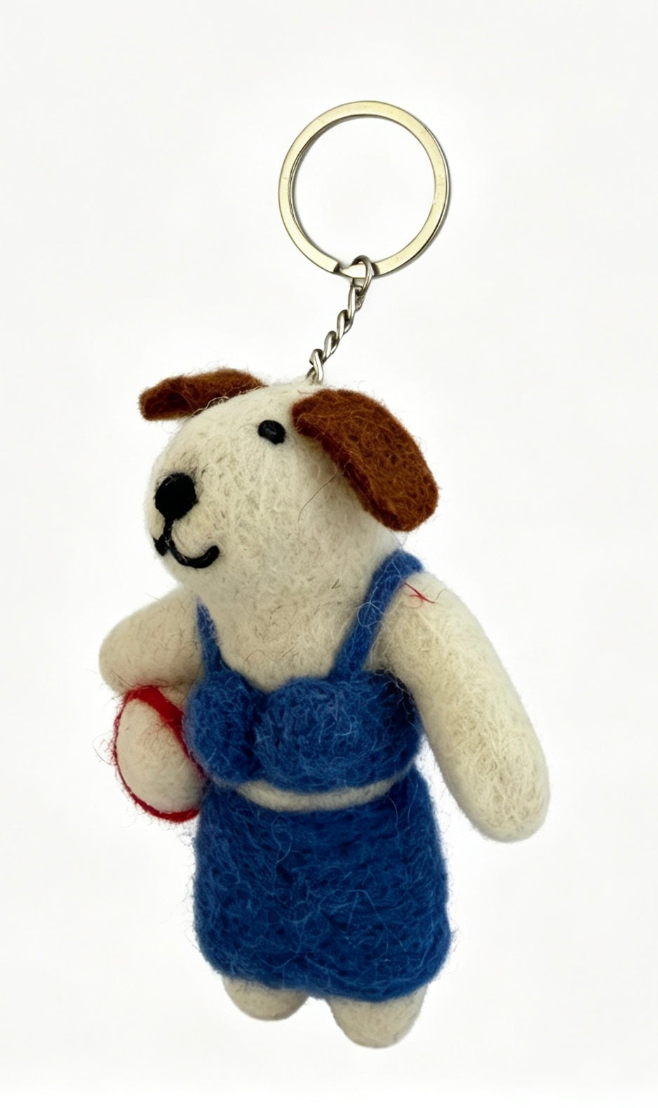 Rear view of handmade wool felt dog keyring with metal split ring and chain