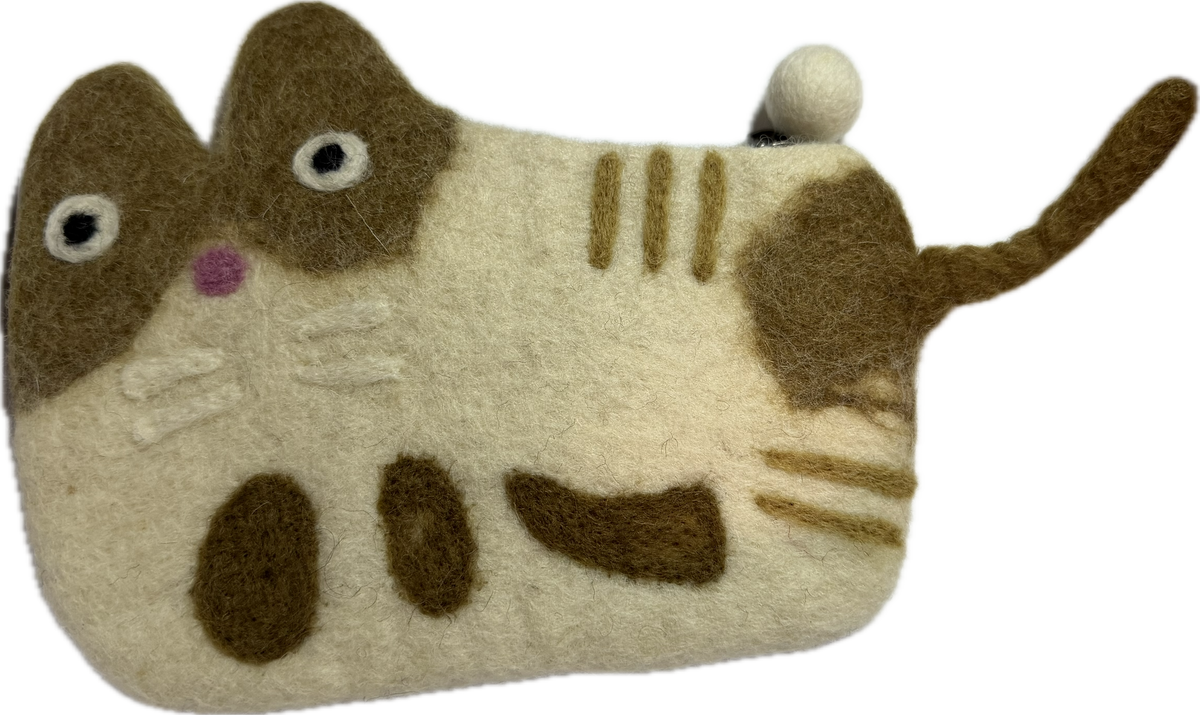 Handmade wool felt cream and brown tabby cat coin purse with tail