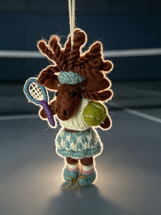 Handmade knitted tennis girl hanging decoration with tennis racket and ball
