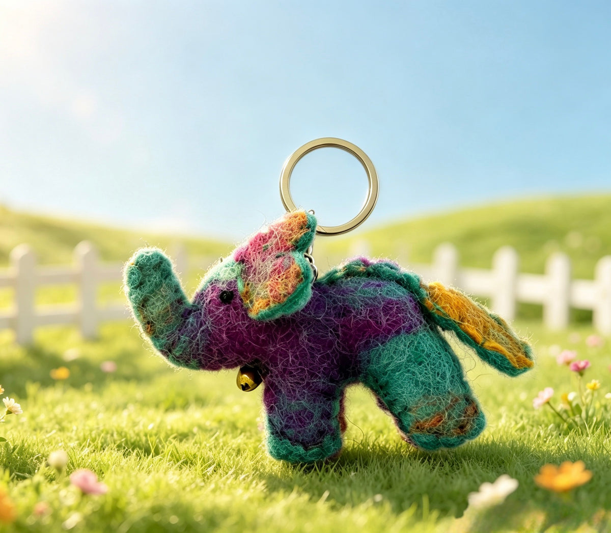 Rear view of handmade wool felt elephant keychain with metal split ring