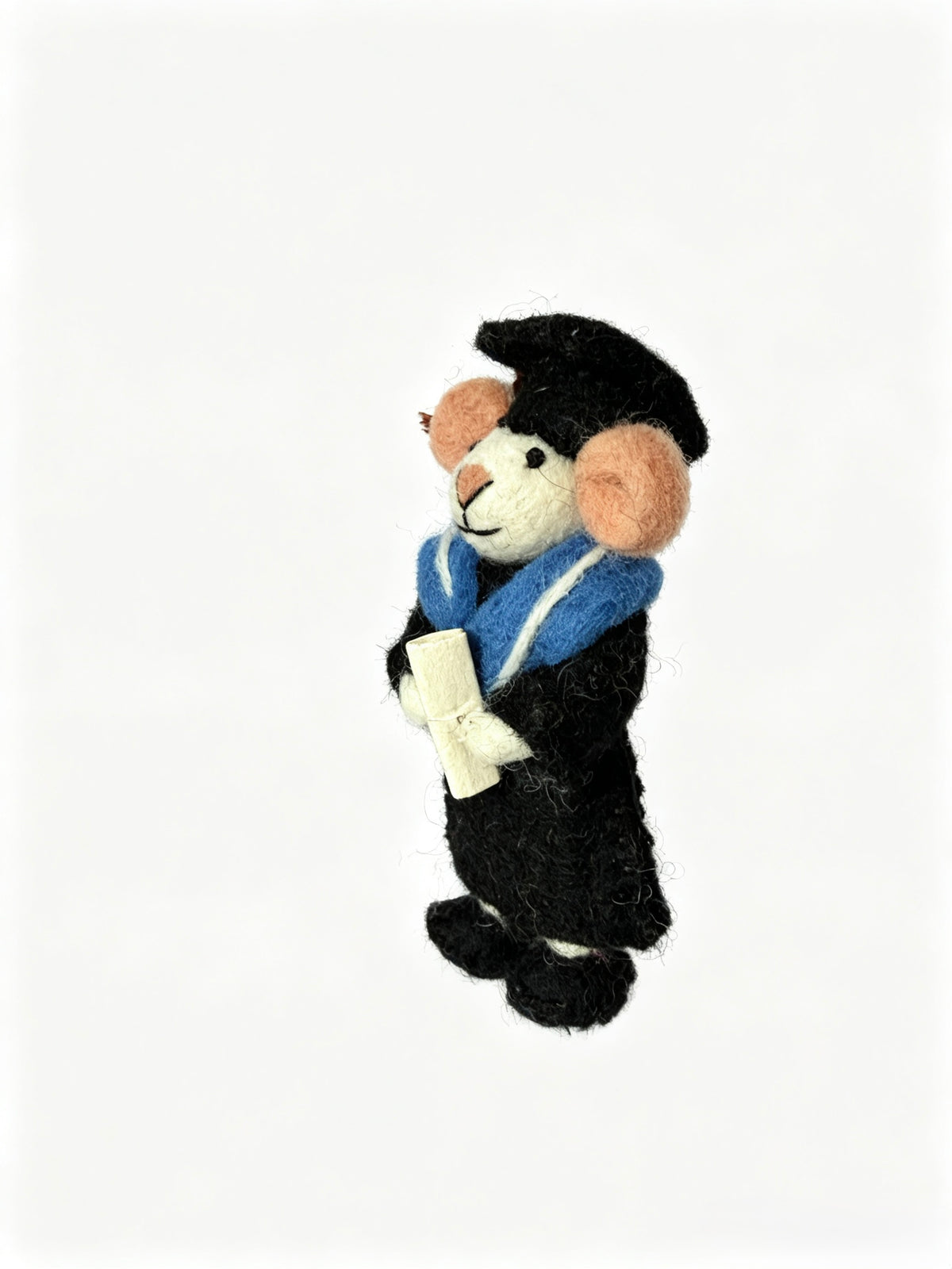 Side view of handmade wool felt graduation mouse keepsake ornament