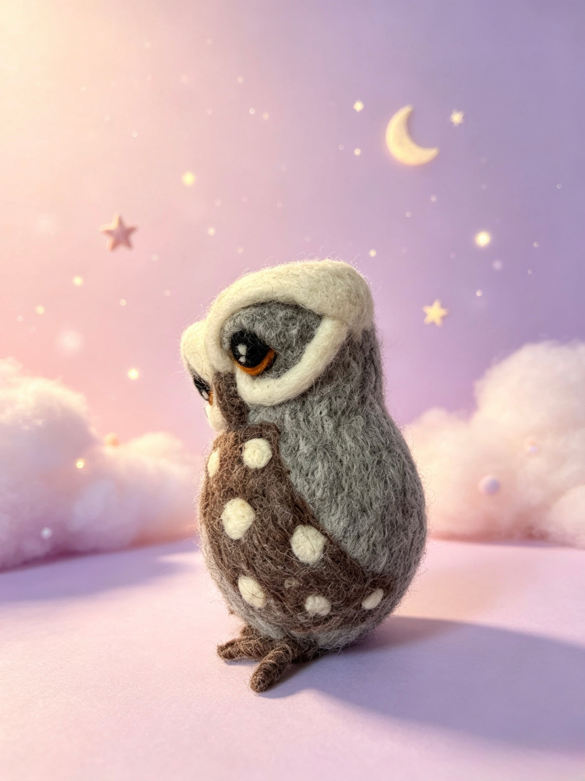Handmade grey and brown wool felt owl figurine with large amber eyes