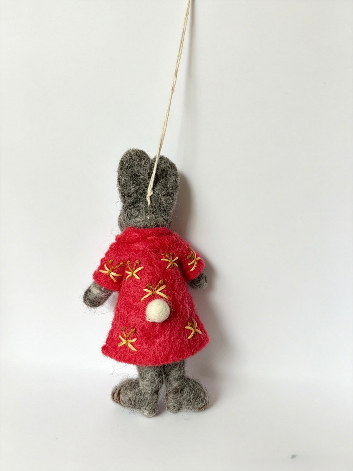 Back view of handmade wool felt bunny rabbit hanging decoration