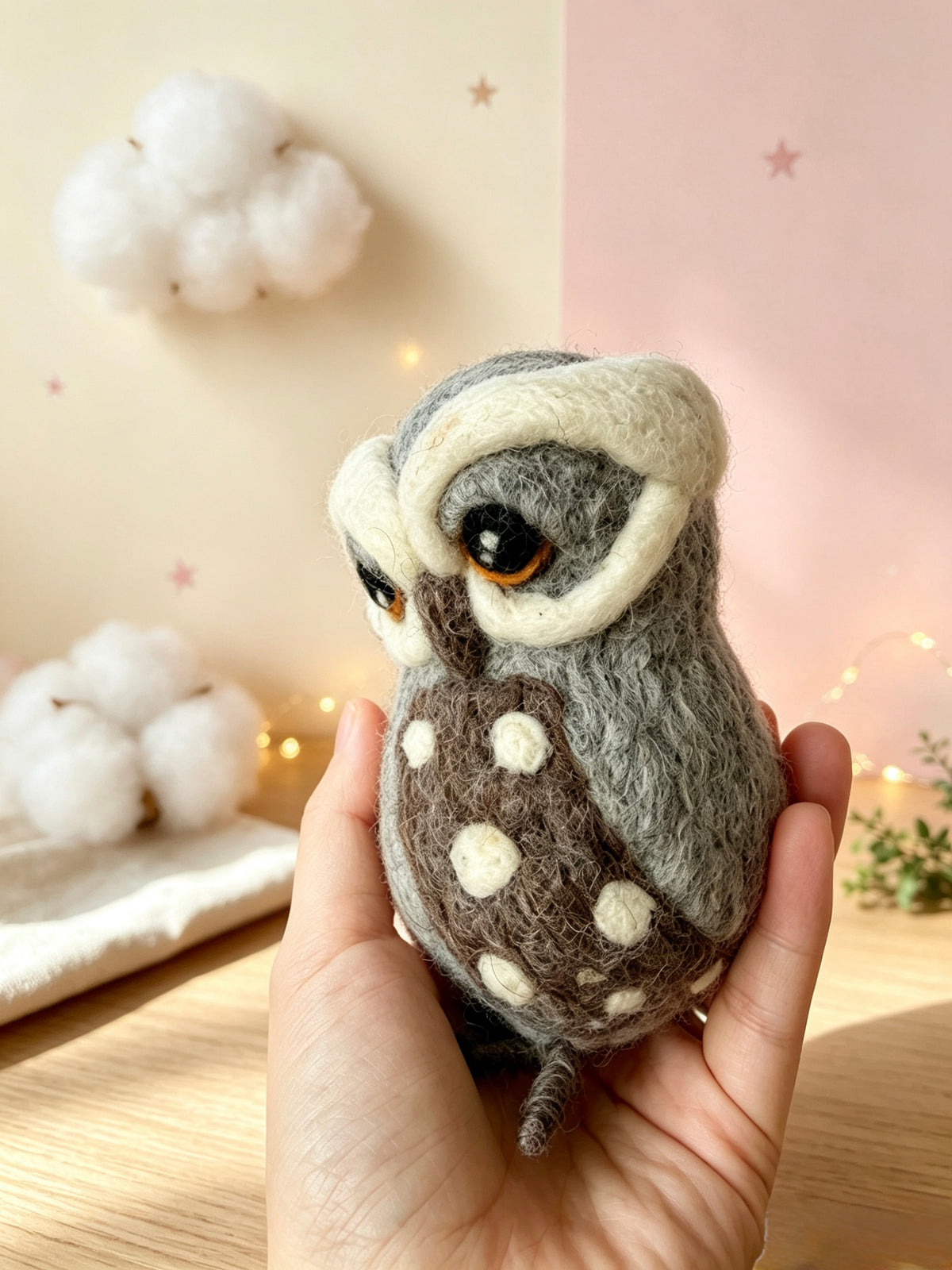 Handmade wool felt owl figurine held in two hands to show its size