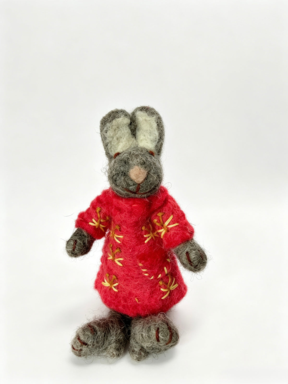 Handmade wool felt bunny rabbit freestanding figure in red embroidered outfit