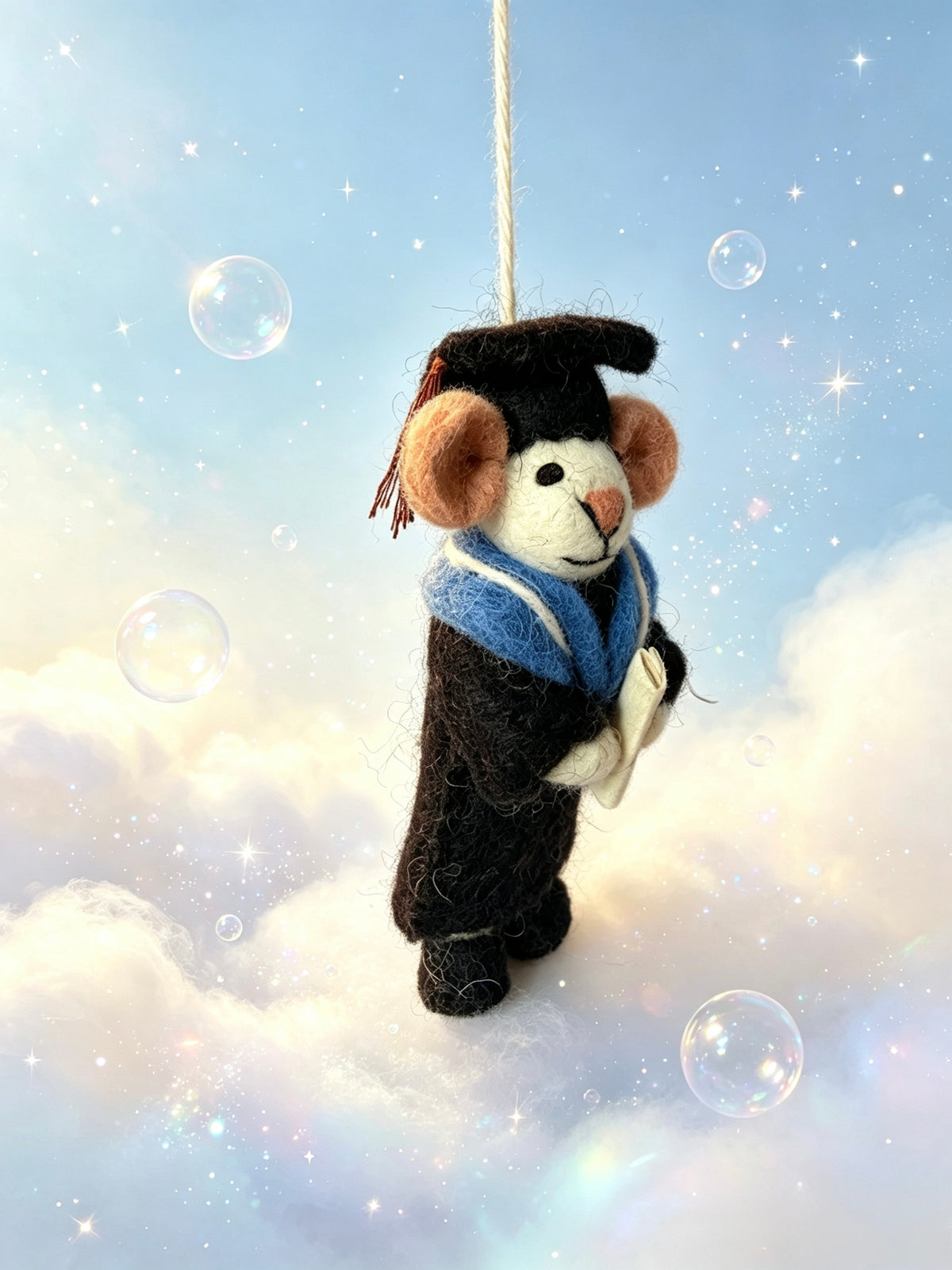 Handmade felt graduation mouse decoration with hanging cord