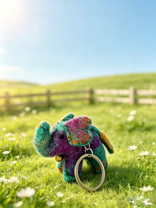 Colourful handmade wool felt elephant keyring with teal, purple and golden yellow details