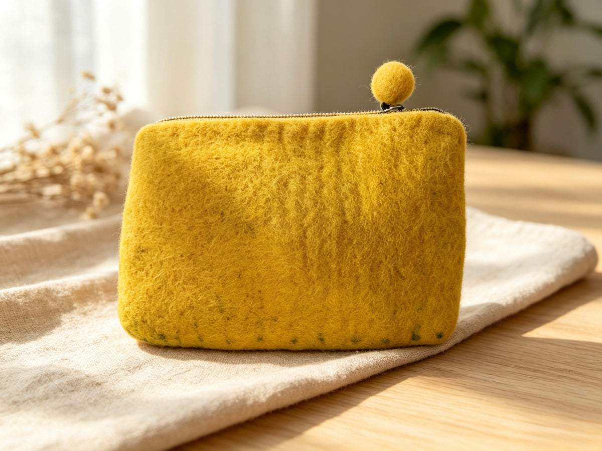 Handmade wool felt hedgehog coin purse with floral garden design