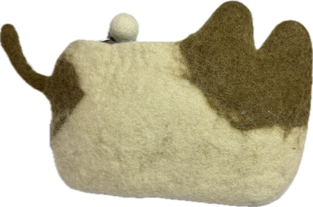 Back of handmade wool felt tabby cat coin purse with tail