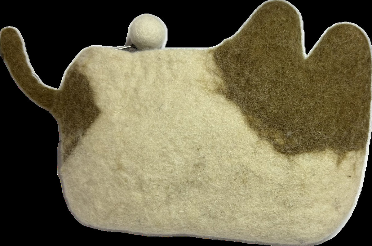 Side view of handmade wool felt tabby cat coin purse