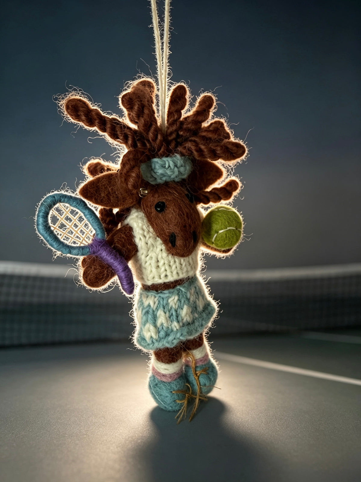 Handmade wool felt and knitted tennis girl hanging ornament
