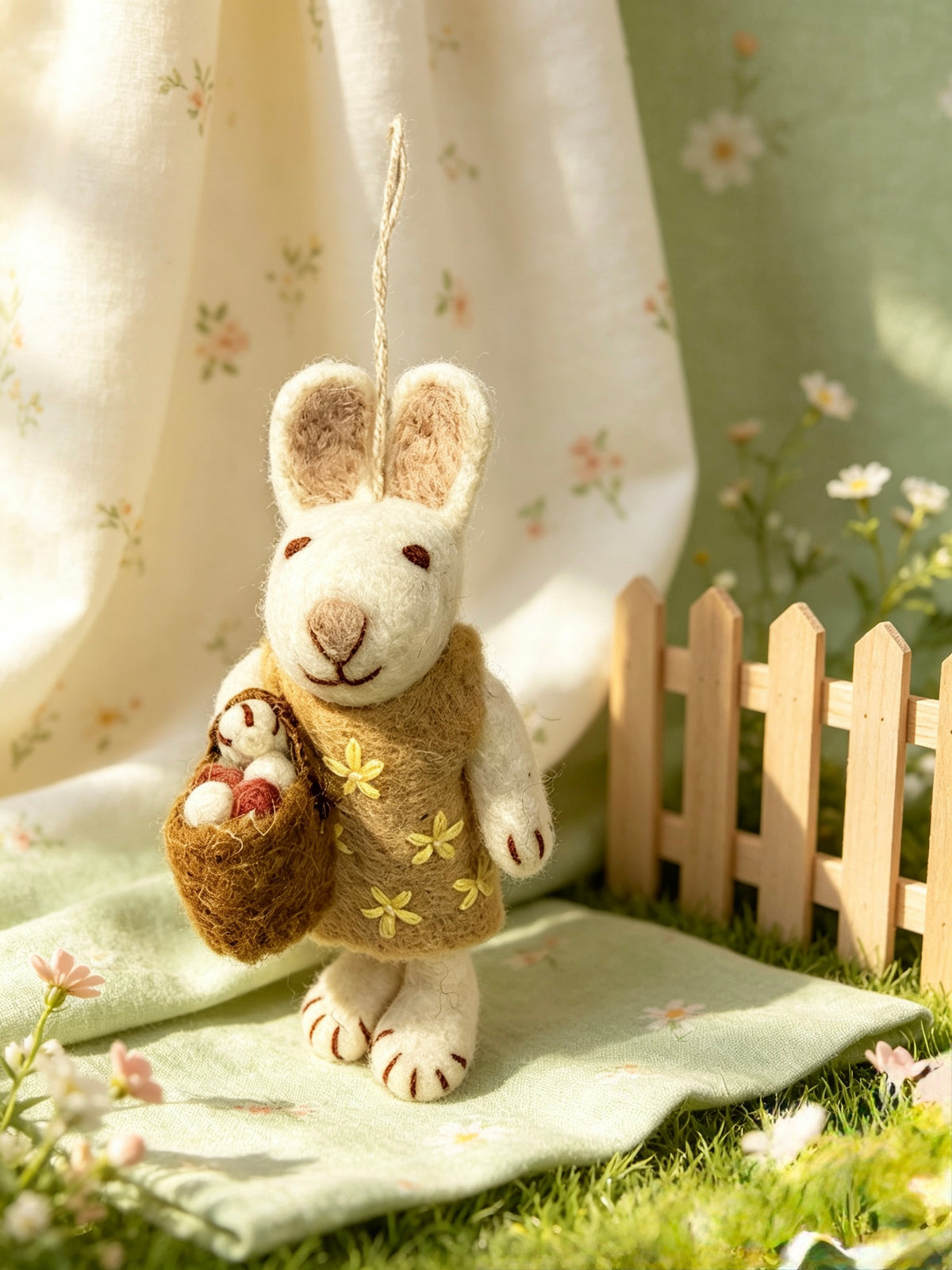 Handmade wool felt bunny rabbit hanging decoration beside a wooden picket fence