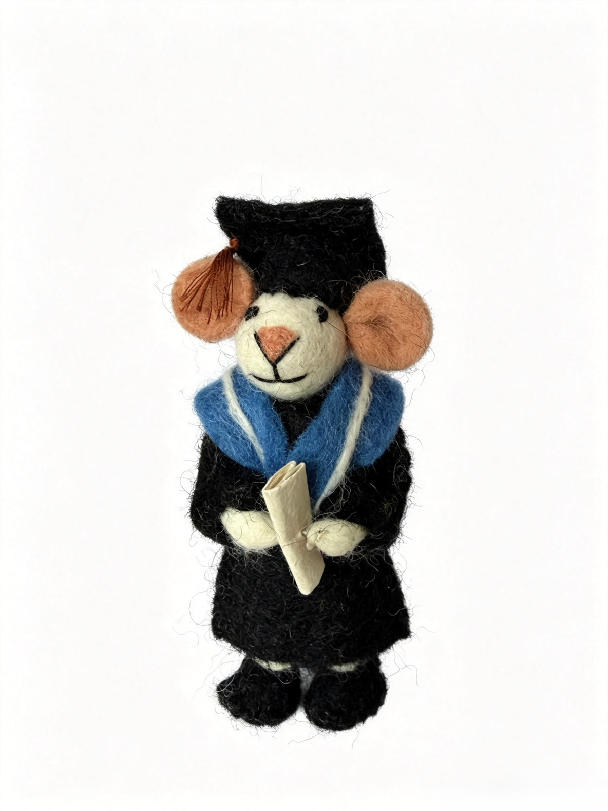Handmade wool felt graduation mouse ornament photographed on a white background