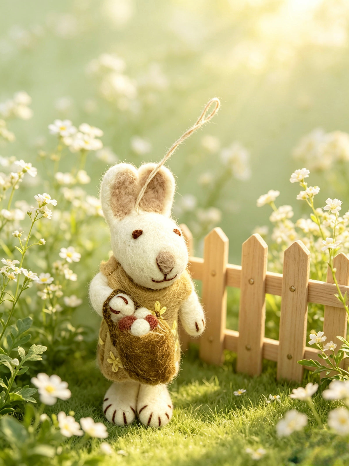 Handmade wool felt bunny rabbit ornament in a flower meadow