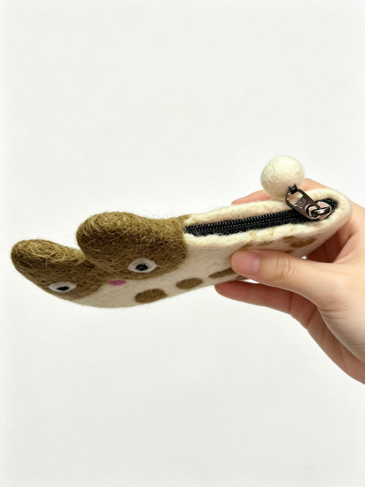 Top zip and felted ball charm on handmade wool felt cat coin purse