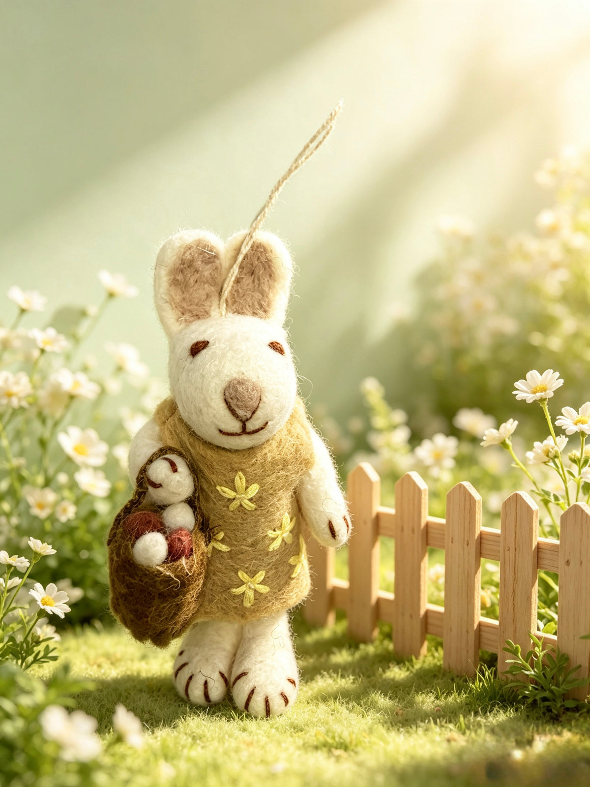 Handmade wool felt bunny rabbit hanging decoration with an Easter egg basket