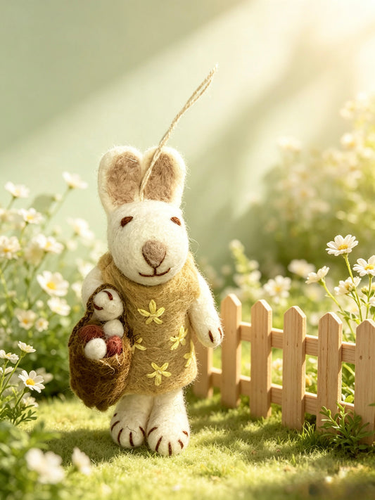 Handmade wool felt bunny rabbit hanging decoration with an Easter egg basket
