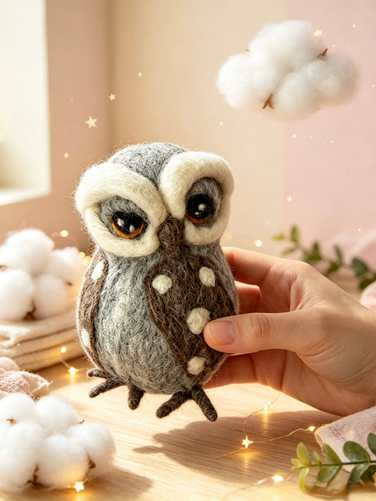 Handmade felt owl ornament displayed with warm home décor and fairy lights