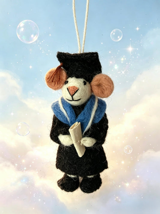 Handmade wool felt graduation mouse figurine wearing a black cap and blue hood