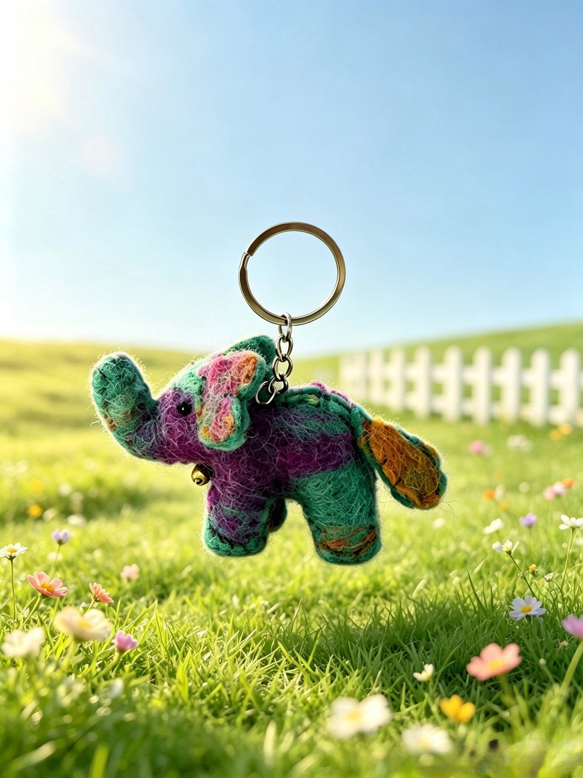 Close view of handmade felt elephant bag charm with raised trunk and gold bell
