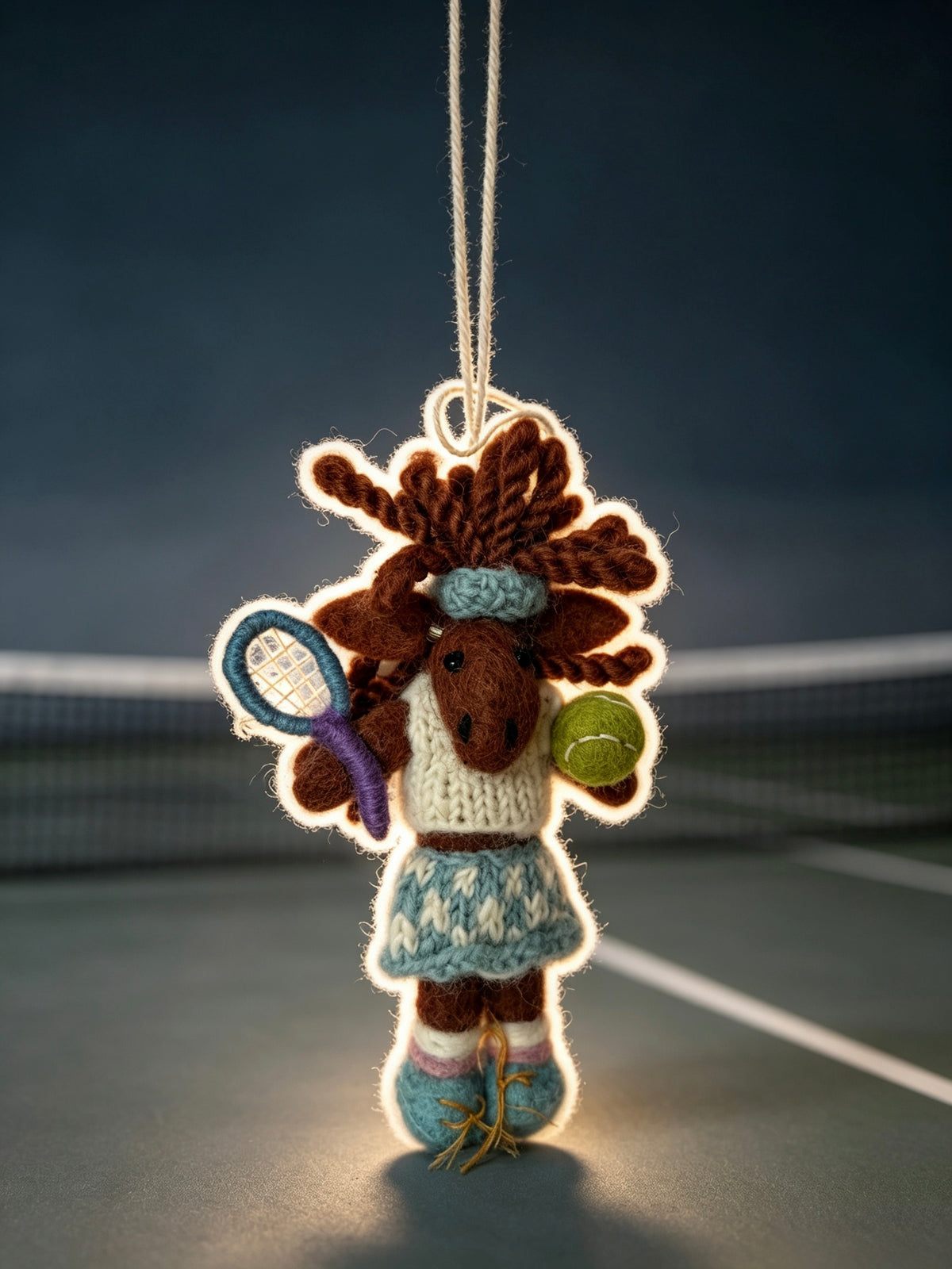 Back view of handmade knitted tennis girl hanging ornament