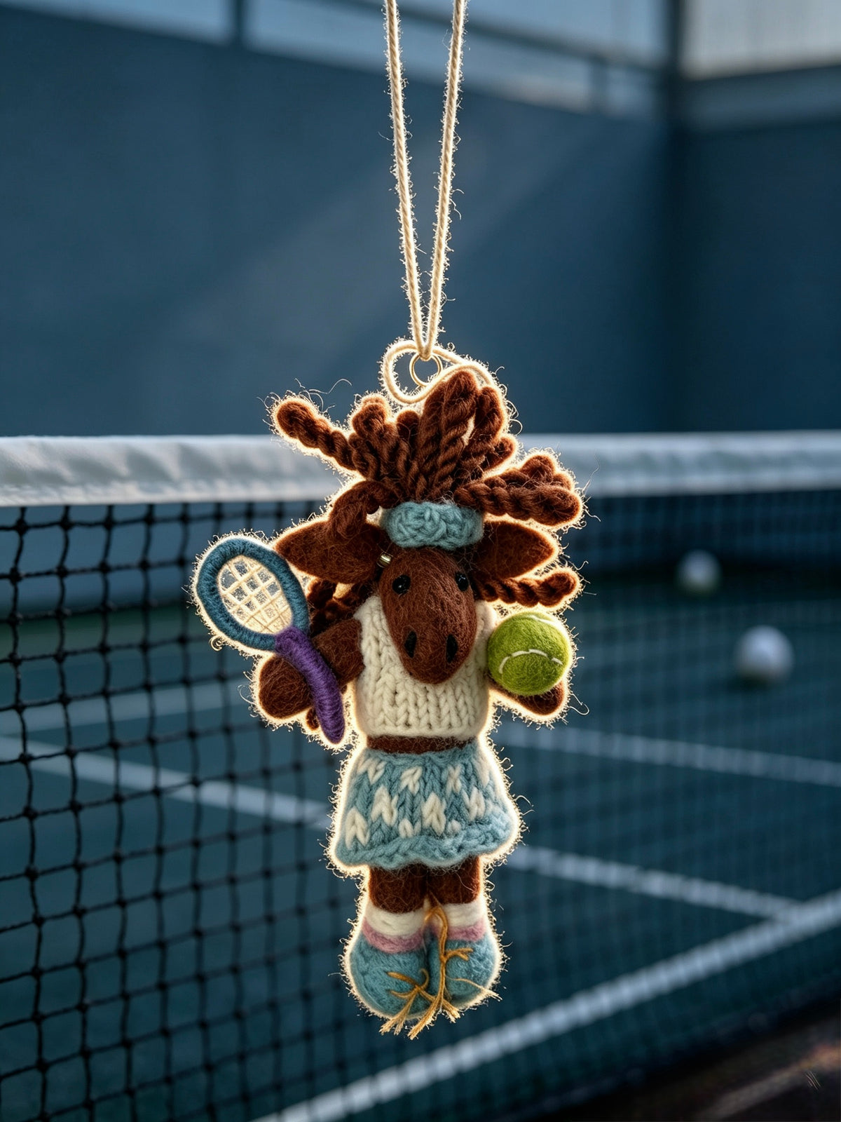 Side view of handmade knitted tennis girl hanging decoration